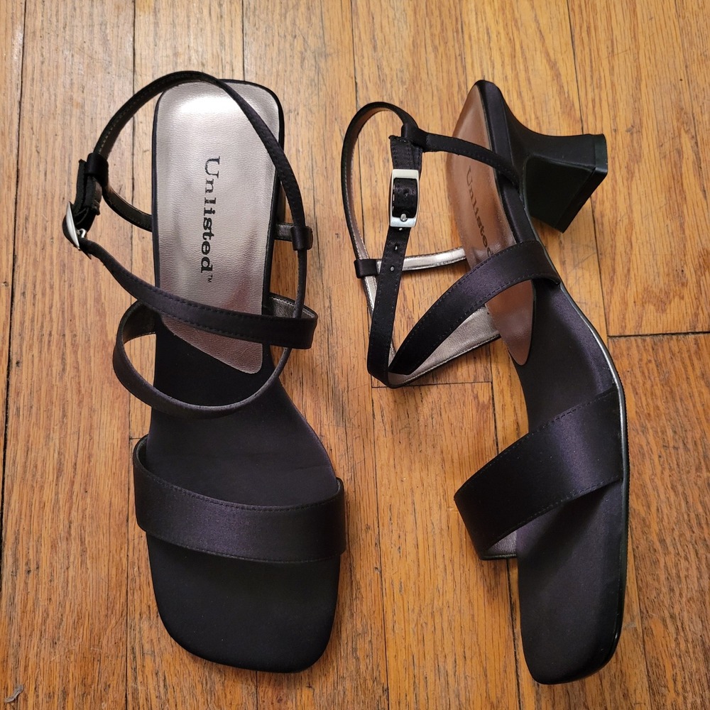 Unlisted 8.5 Sandals Black Satin Strappy Block Heel Y2K Formal Classic Gala Glam